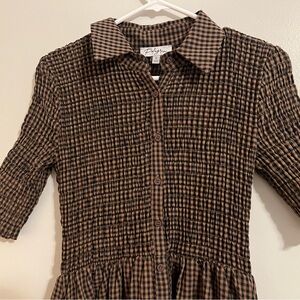 Brown Gingham Smocked Button Down Midi Dress